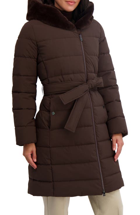Vic Belted Longline Coat with Faux Fur Trim Hood