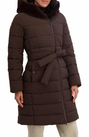 Tahari Vic Belted Longline Coat with Faux Fur Trim Hood