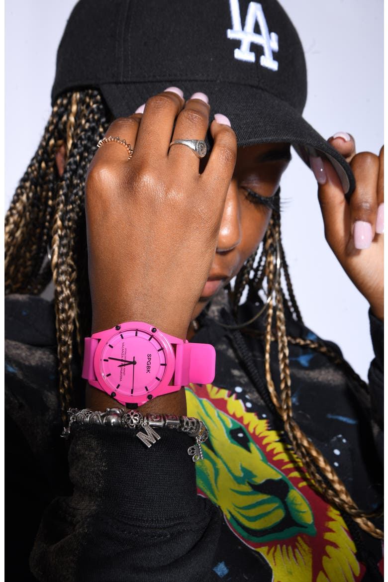 Forever Pink Silicone Strap Watch, 44mm, Alternate, color, HOT PINK
