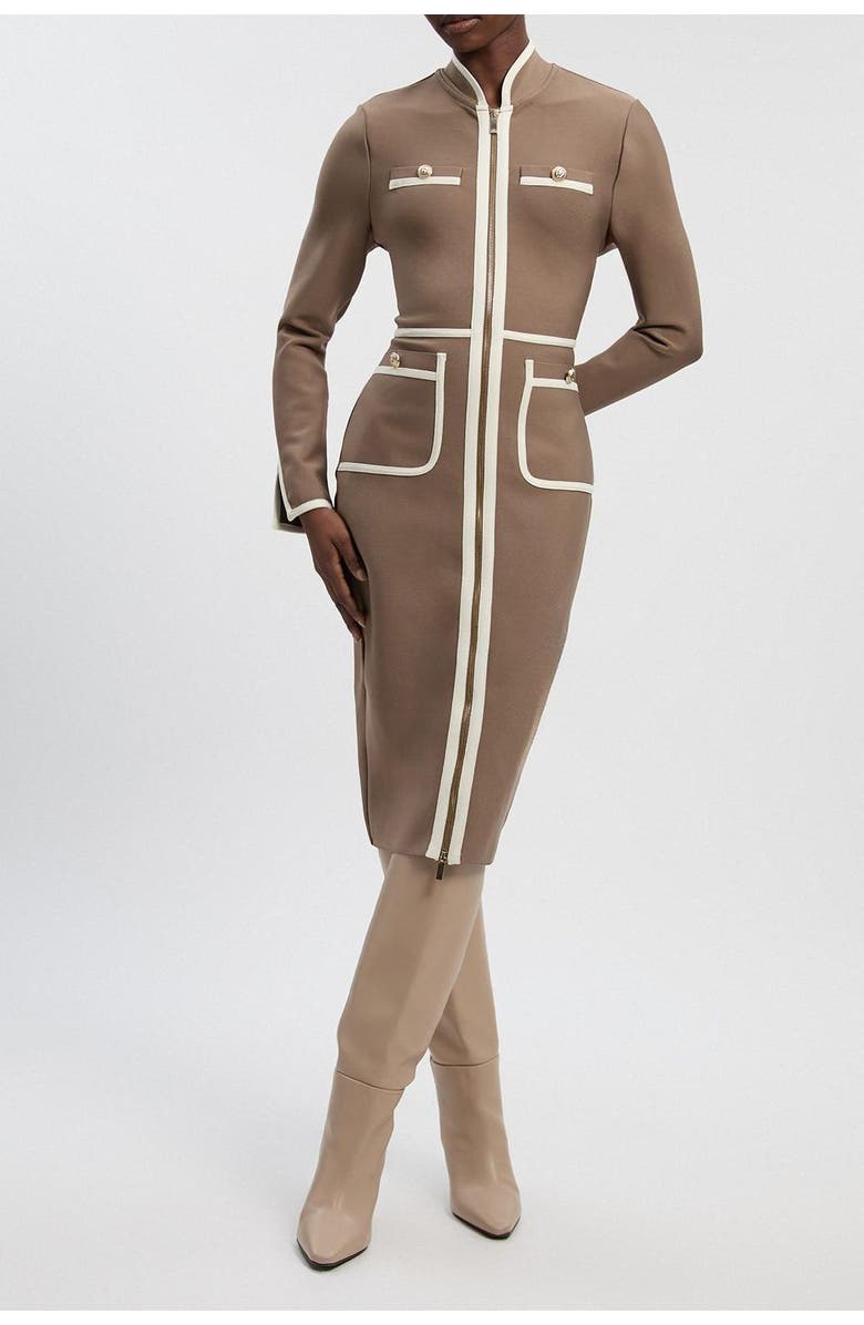 Karen Millen Bandage Military Piping Midi Dress, Alternate, color, Taupe
