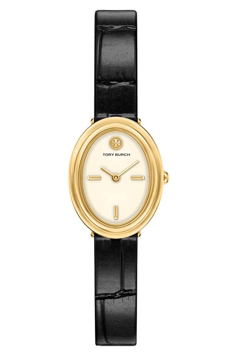 The Oval Leather Strap Watch, 22mm x 28mm, Main, color, BLACK/ GOLD