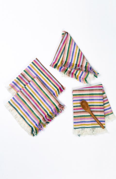 Valentina Rainbow Striped Handwoven Cotton Party Napkins, Set of 4