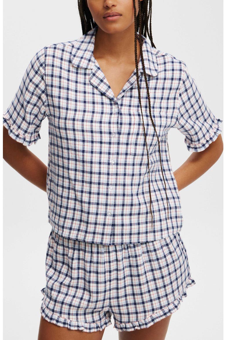 Flannel Short Sleeve Shirt And Short Sleep Set, Main, color, Robbin Check Blue