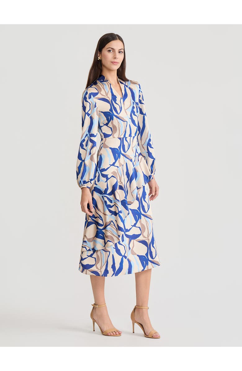 Misook Fit & Flare Printed Crepe de Chine Ruffle Maxi Dress, Alternate, color, Biscotti/Aegean Blue