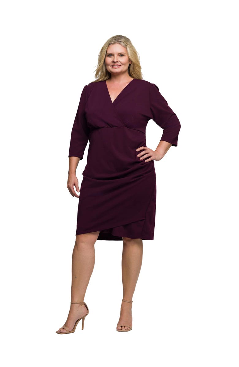 24seven Comfort Apparel Plus Size  Solid Color V Neck Faux Wrap Dress, Alternate, color, Wine