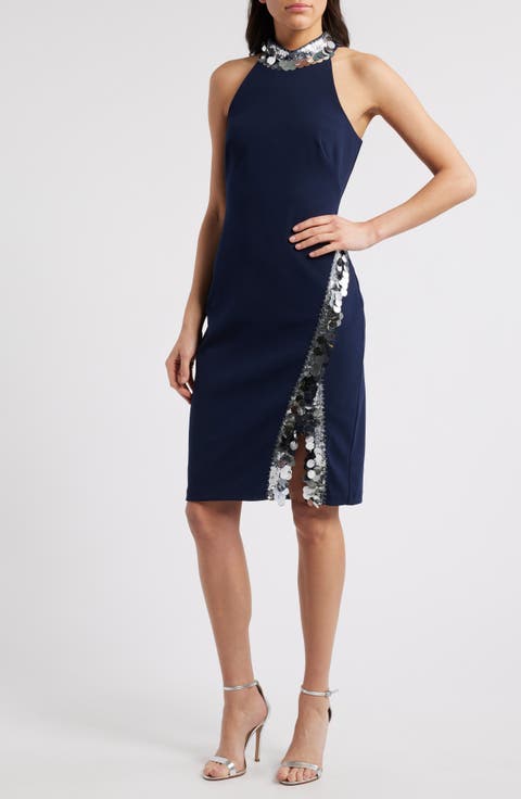 Pailette Sequin Mock Neck Sheath Dress