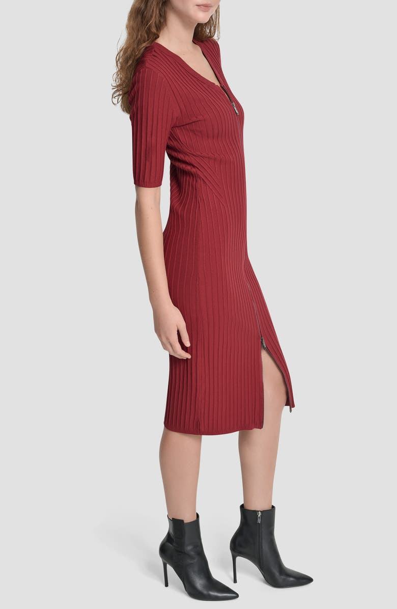 DKNY Ribbed Front Zip Sweater Dress, Alternate, color, Merlot