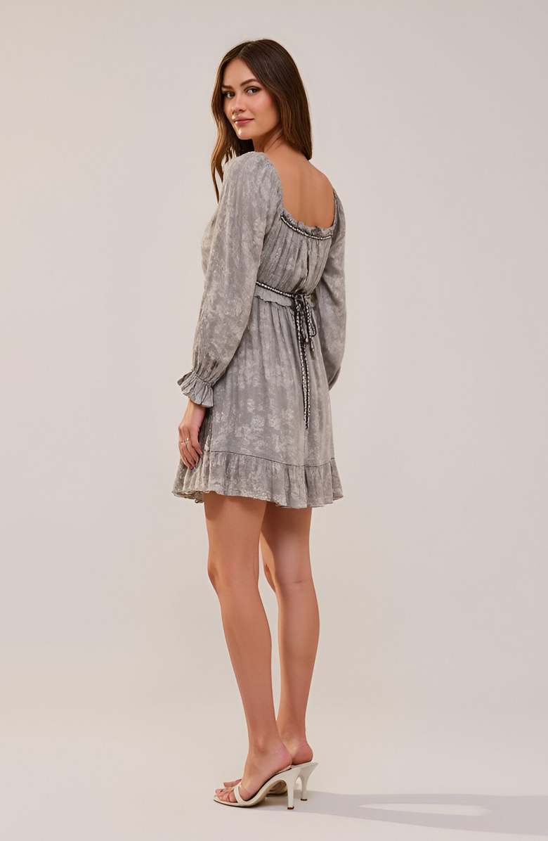 Modenaire Long Sleeve Drawstring Waist Ruffle Hem Mini Dress, Alternate, color, 