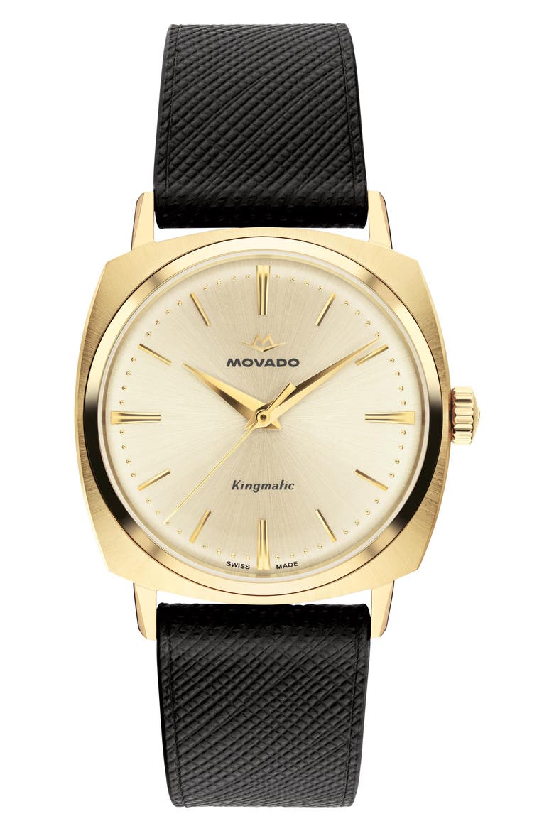 Kingmatic Automatic Leather Strap Watch, 35mm, Main, color, GOLD
