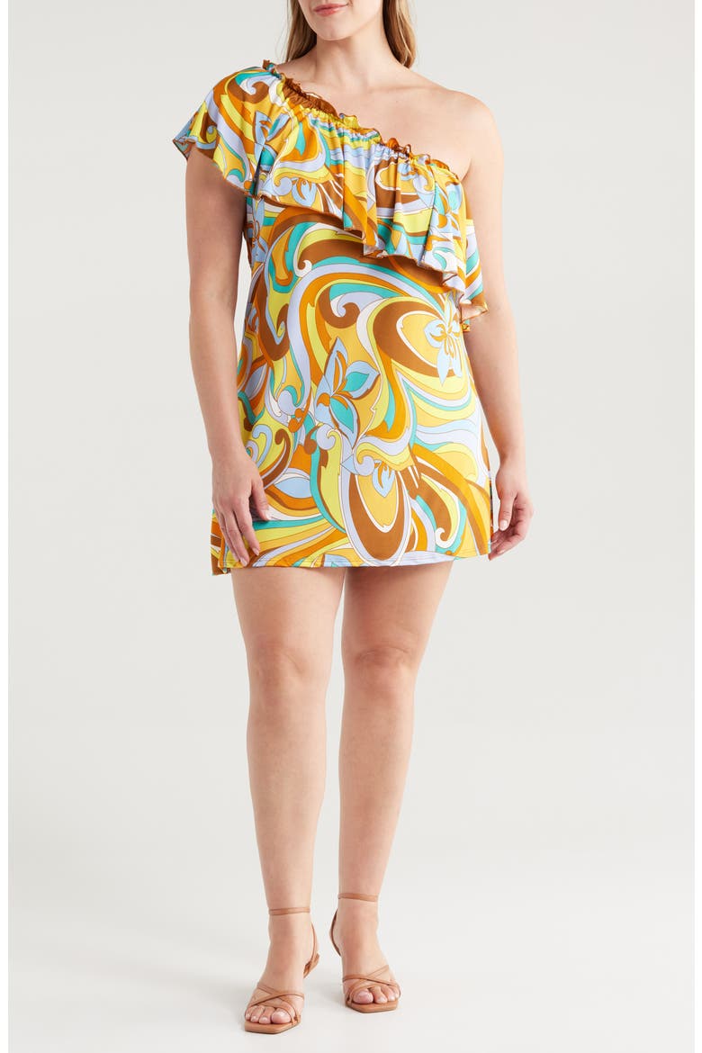 Mod Floral Print One-Shoulder Minidress, Main, color, YELLOW MULTI