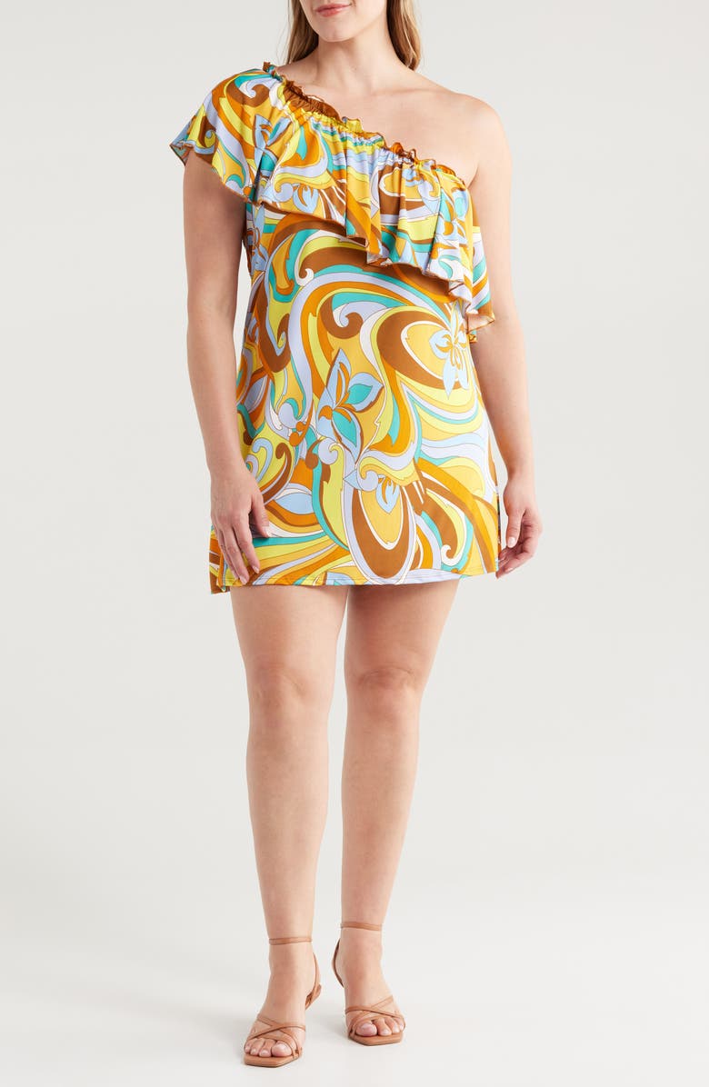 24seven Comfort Apparel Mod Floral Print One-Shoulder Minidress, Main, color, Yellow Multi