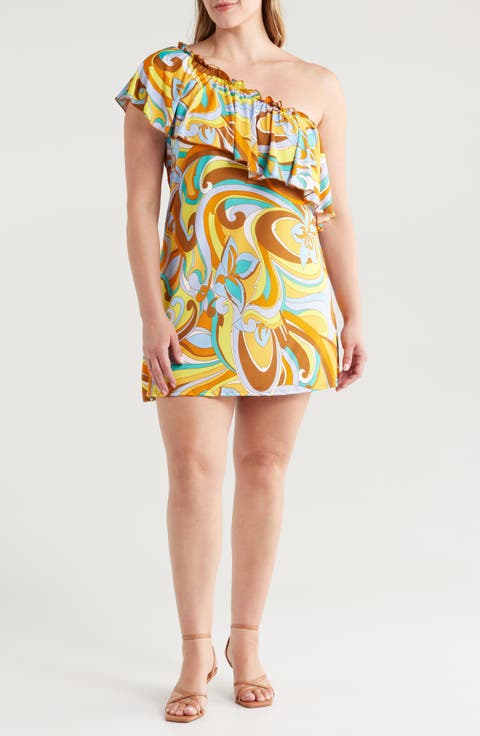 Mod Floral Print One-Shoulder Minidress (Plus)