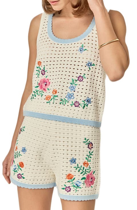 Floral Embroidered Sheer Crop Open Stitch Top