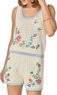 English Factory Floral Embroidered Sheer Crop Open Stitch Top