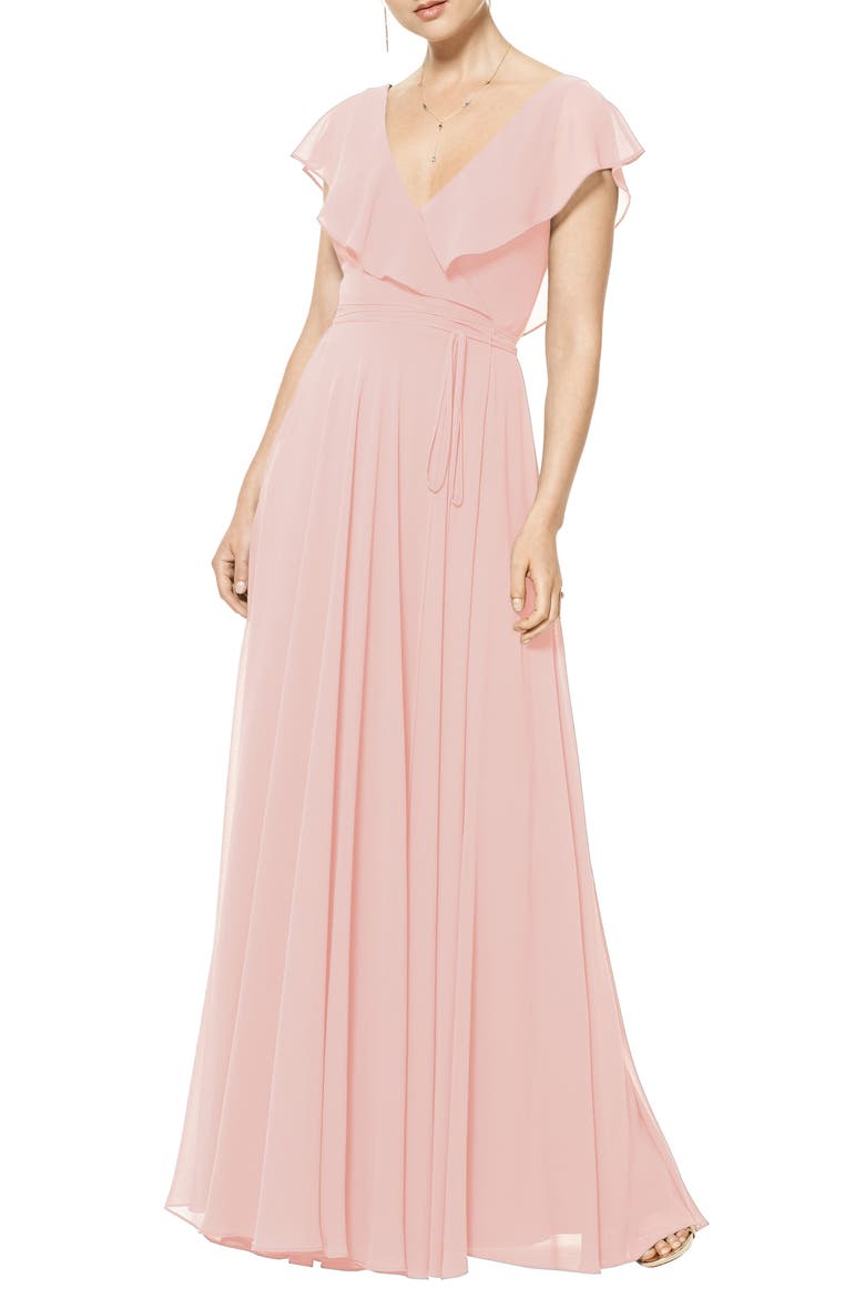 Ruffle V-Neck Wrap Gown, Main, color, FROST ROSE