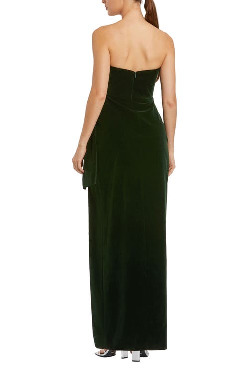 Mac Duggal Strapless High Slit Draped Velvet Gown In Green