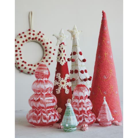 Artisan Wool Felt Tree with Star, Pom Poms & Gold Embroidery