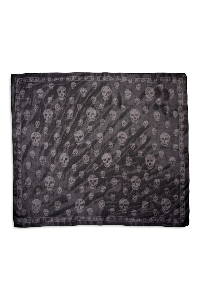 Skull Print Silk Scarf, Main, color, BLACK/ DARK GREY