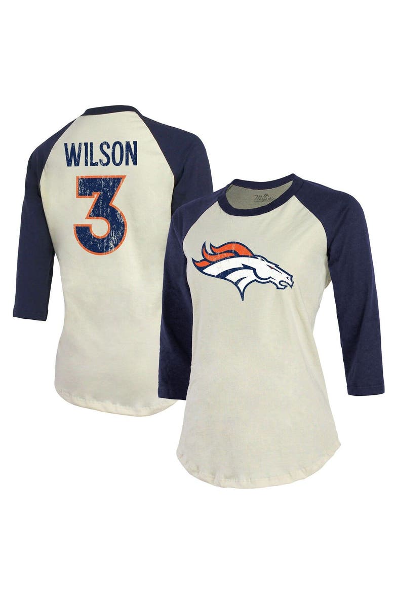 Women's Majestic Threads Russell Wilson Cream/Navy Denver Broncos Name & Number Raglan 3/4 Sleeve T-Shirt, Main, color, Cream