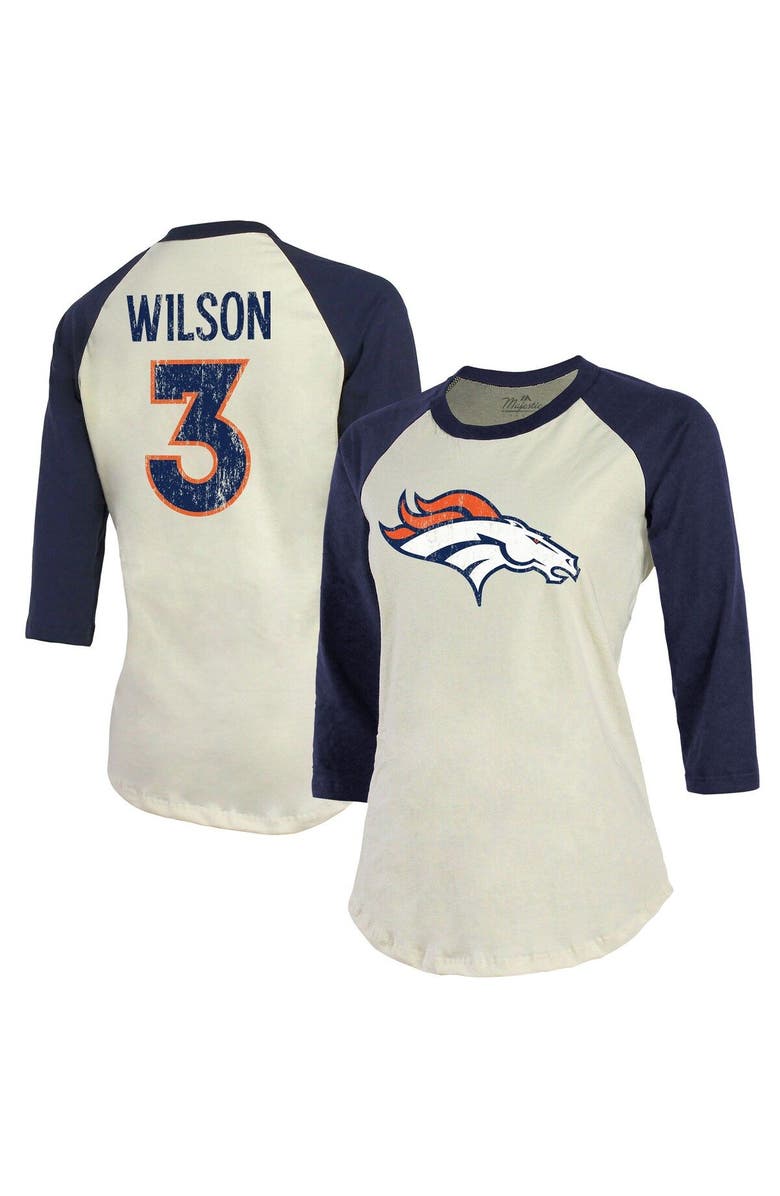 Majestic Threads Women's Majestic Threads Russell Wilson Cream/Navy Denver Broncos Name & Number Raglan 3/4 Sleeve T-Shirt, Main, color, 