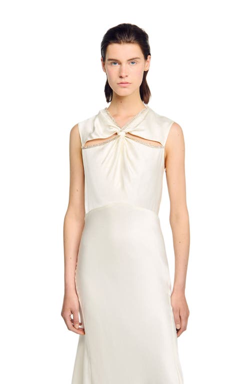 Sandro Womens Rhinestone-embellished Cut-out Satin Maxi Dress Ecru In White
