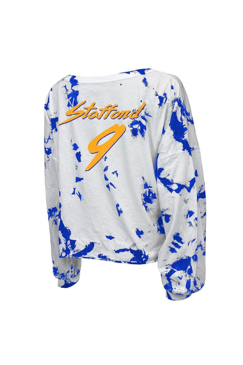Women's Majestic Threads Matthew Stafford Royal/White Los Angeles Rams Super Bowl LVI Champions Off-Shoulder Tie-Dye Name & Number Long Sleeve V-Neck T-Shirt, Alternate, color, Royal