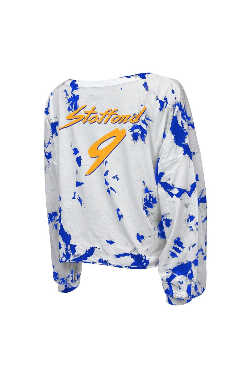Majestic Threads Women's Majestic Threads Matthew Stafford Royal/White Los Angeles Rams Super Bowl LVI Champions Off-Shoulder Tie-Dye Name & Number Long Sleeve V-Neck T-Shirt, Alternate, color,