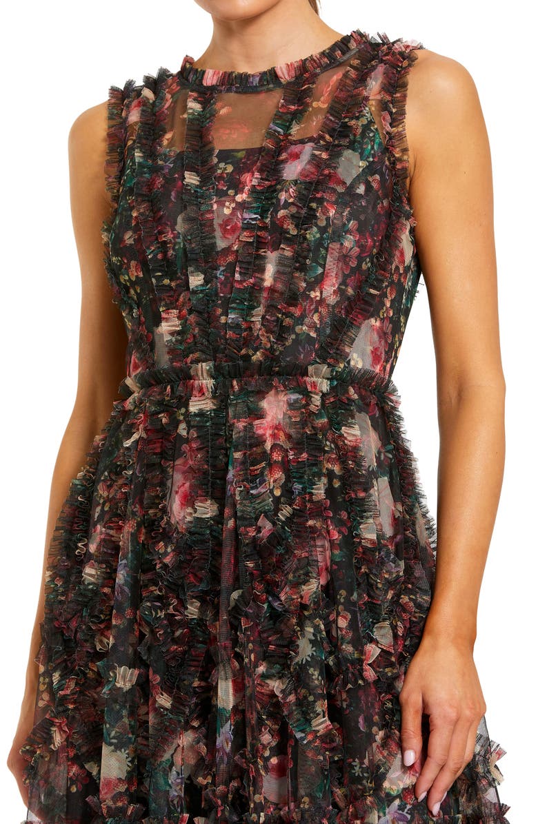 Mac Duggal Mesh Micro Ruffle High Neck Floral Mini Dress, Alternate, color, Black Multi
