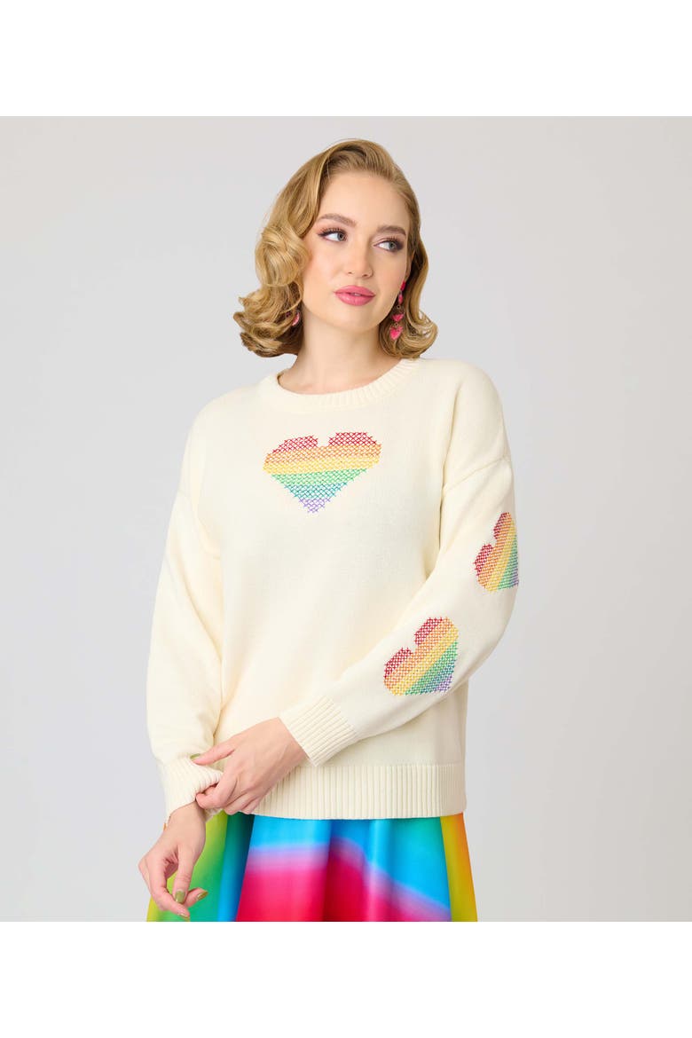 Long Sleeve Sweater, Main, color, Beige w/ Rainbow Heart Print