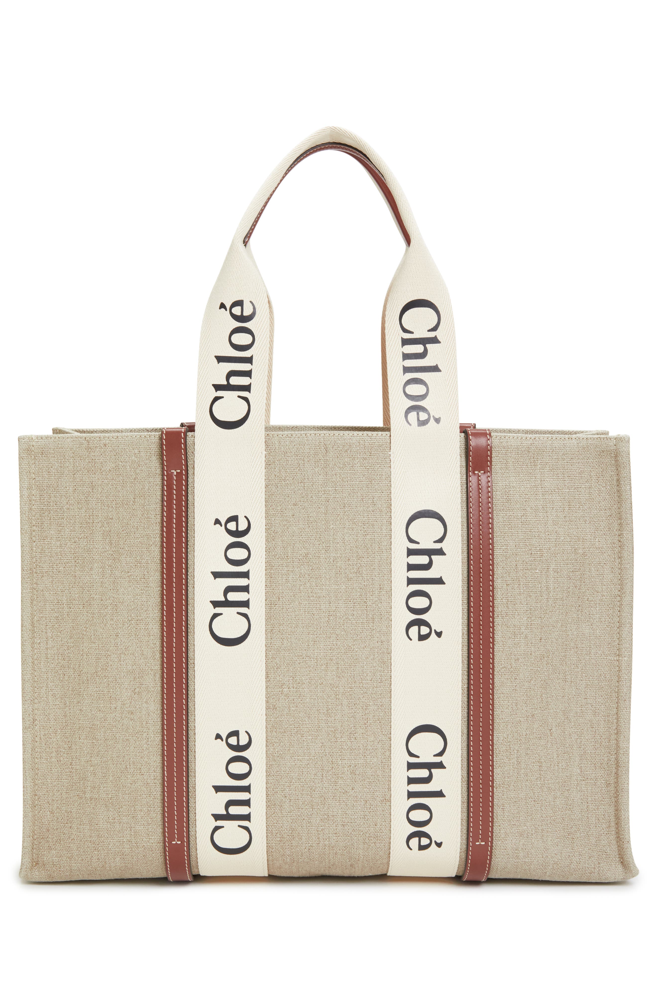 Chloé Large Woody Linen Tote, Alternate, color, White - Brown 1