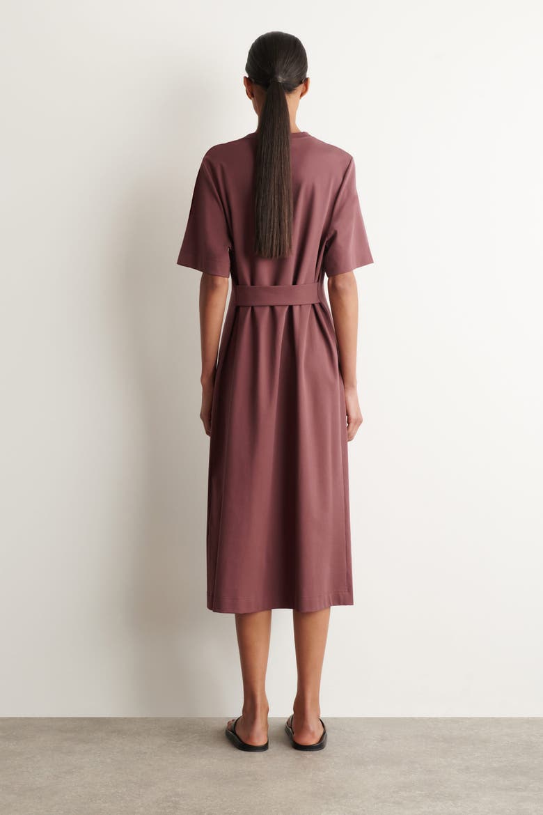 Belt-detail Midi T-shirt Dress, Alternate, color, BROWN