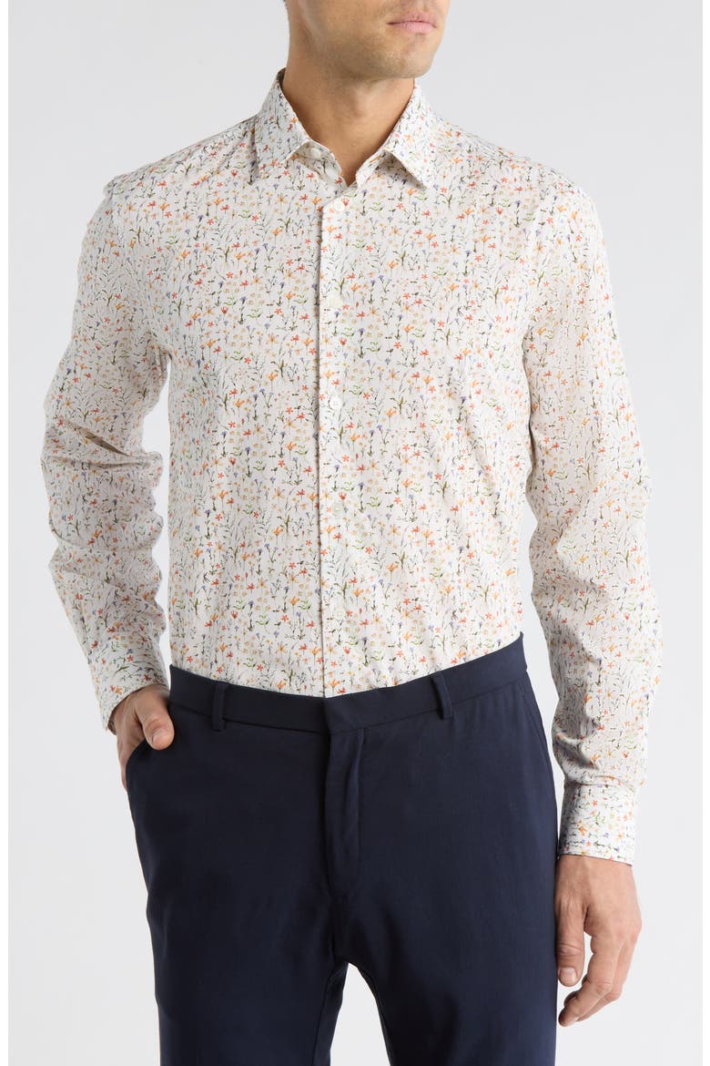 Tailored Fit Floral Organic Cotton Button-Up Shirt, Main, color, WHITE/ ORANGE
