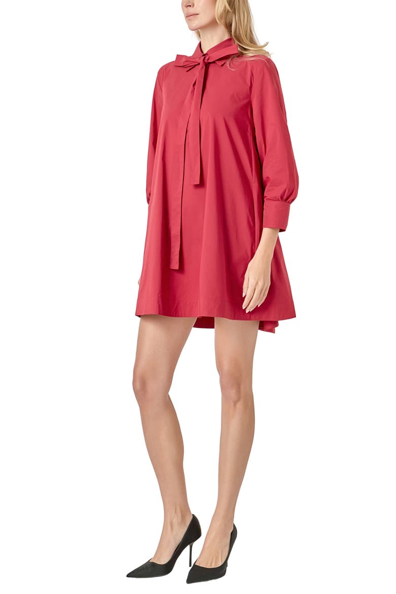 Bow Long Sleeve Shirtdress, Alternate, color, BURGUNDY