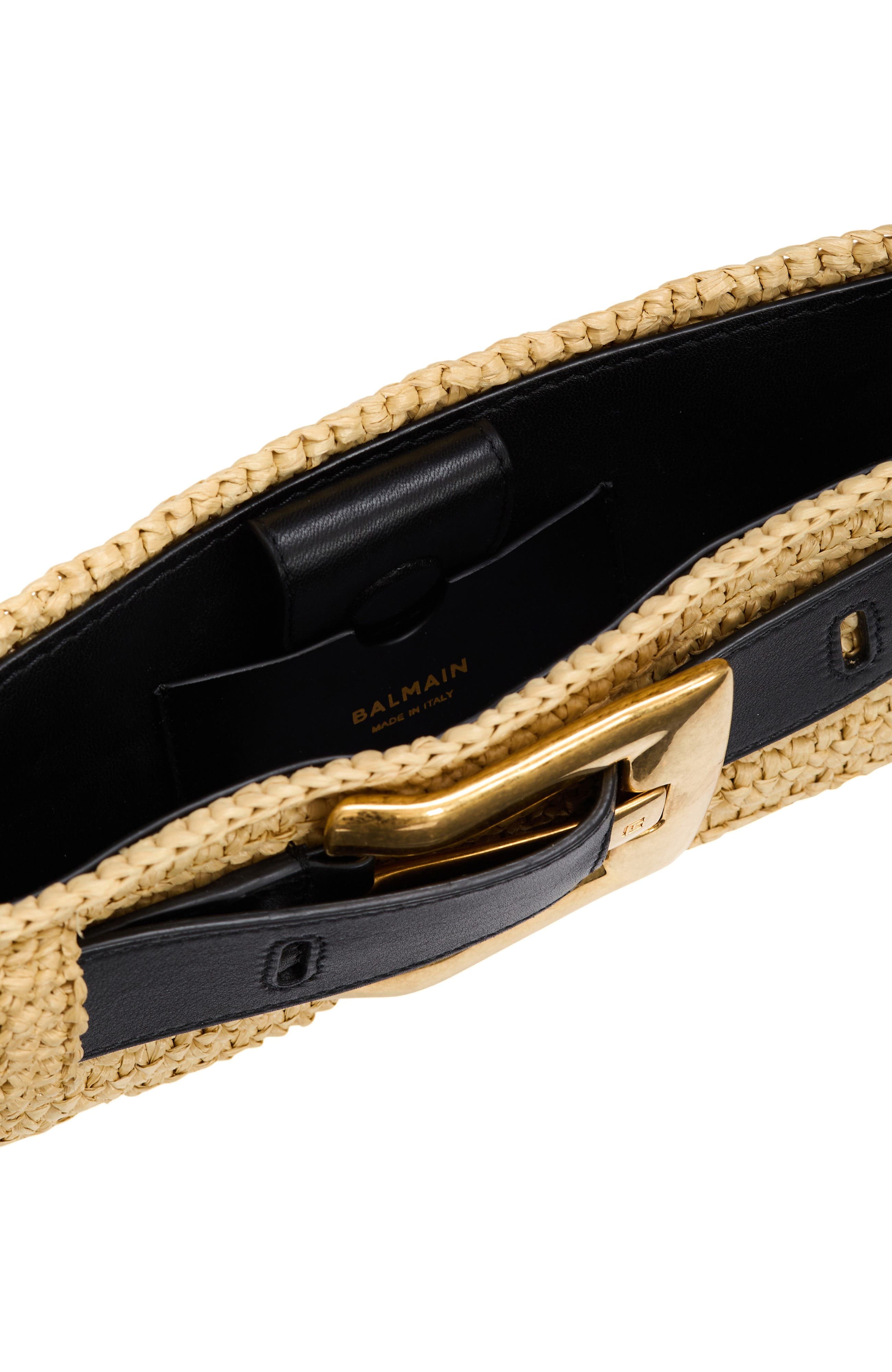 Balmain Anthem clutch bag in smooth leather and crochet, Alternate, color, Beige