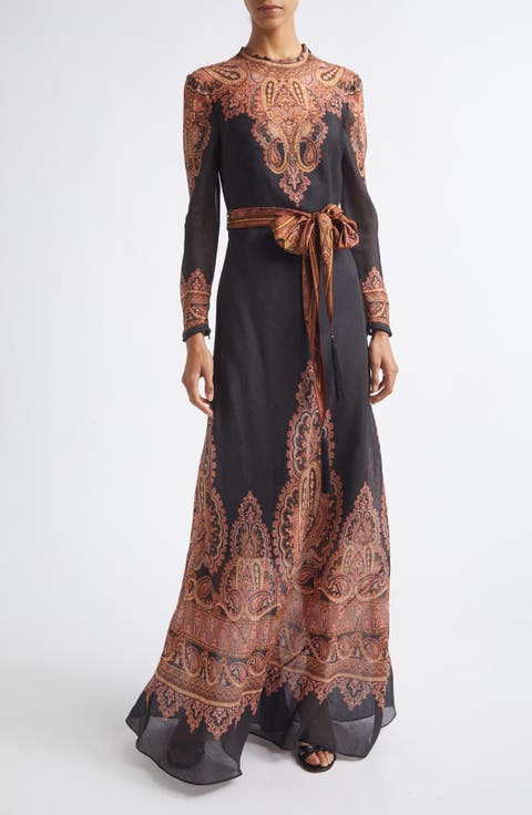 Ascent Paisley Print Long Sleeve Linen & Silk Dress
