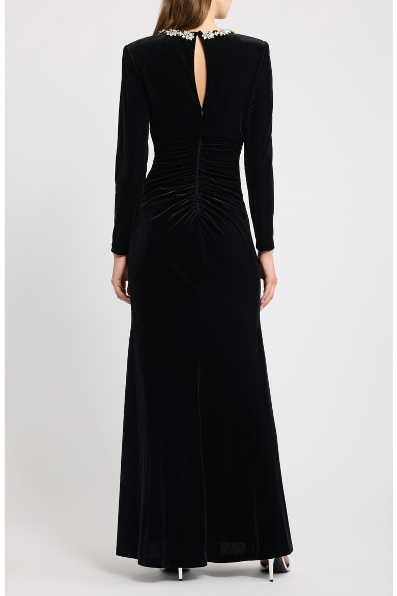 Rhinestone Detail Long Sleeve Velvet Gown, Alternate, color, BLACK