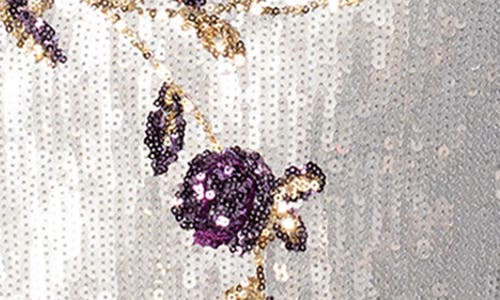 Betsy & Adam Sequin Floral Strapless Sheath Gown In Silver/purple