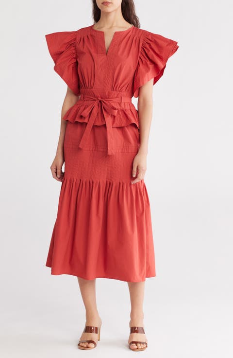 Short Sleeve Belted Cotton Midi Dress
