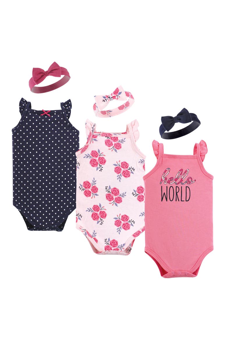 Sleeveless Bodysuit and Headband Set, Main, color, Pink Navy Roses