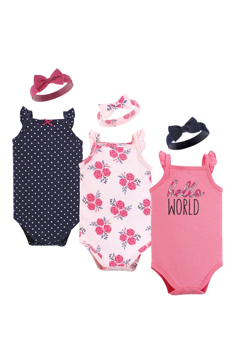 Hudson Baby Sleeveless Bodysuit and Headband Set, Main, color, Pink Navy Roses