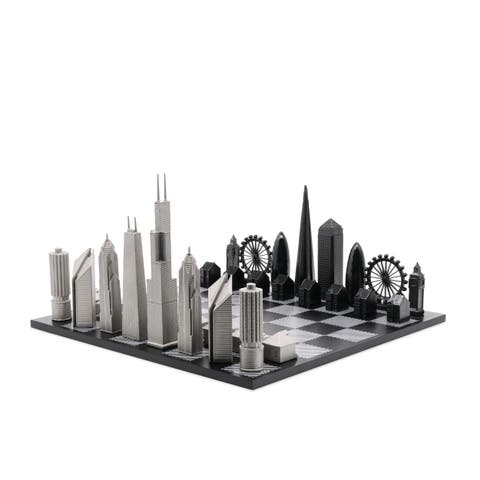 Chess Set Stainless Steel LONDON vs CHICAGO with B/W Hatch Board