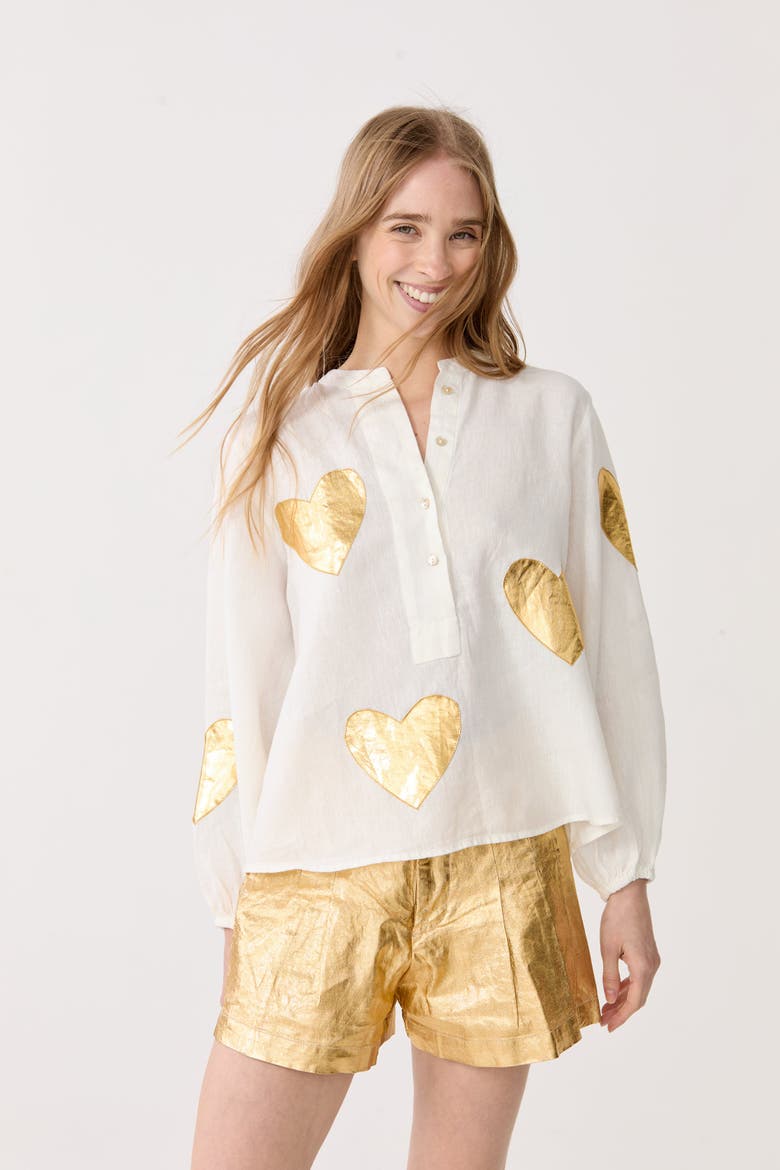 Cupid Linen Shirt, Alternate, color, Off-White with Gold Hearts