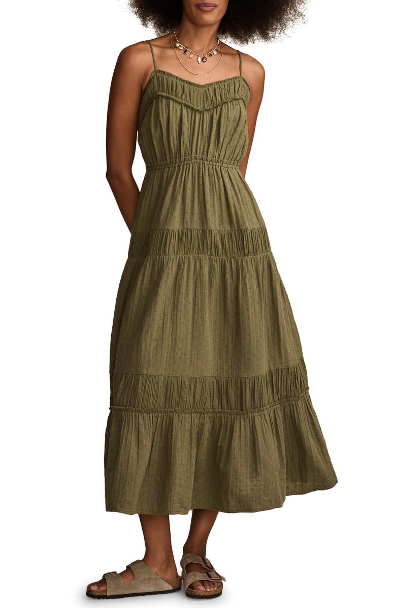 Lucky Brand Clip Dot Cotton Tiered Maxi Dress, Main, color, Dusty Olive