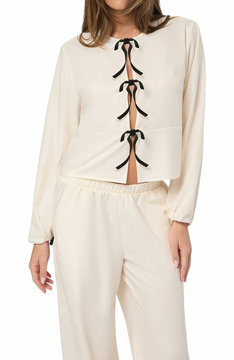 WeWoreWhat Tie Front Shirt, Alternate, color, Ivory/Black