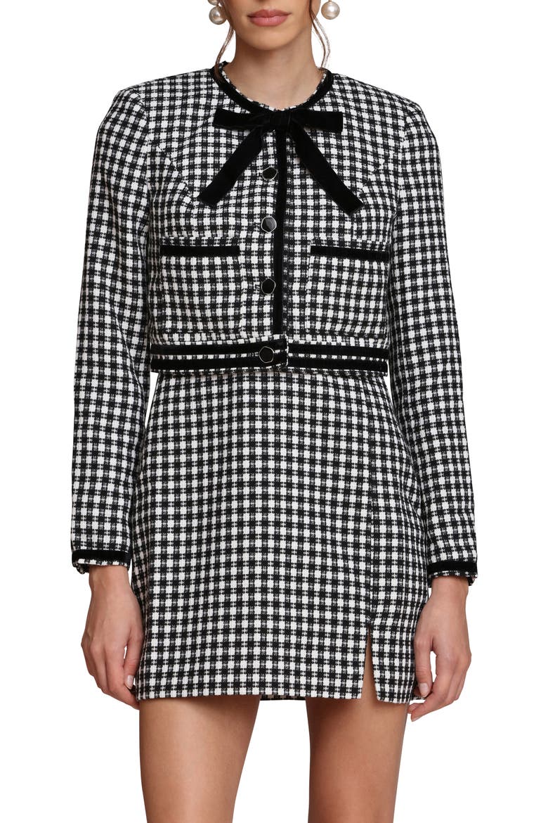 Tweed Bow Crop Jacket, Main, color, WHITE-BLACK