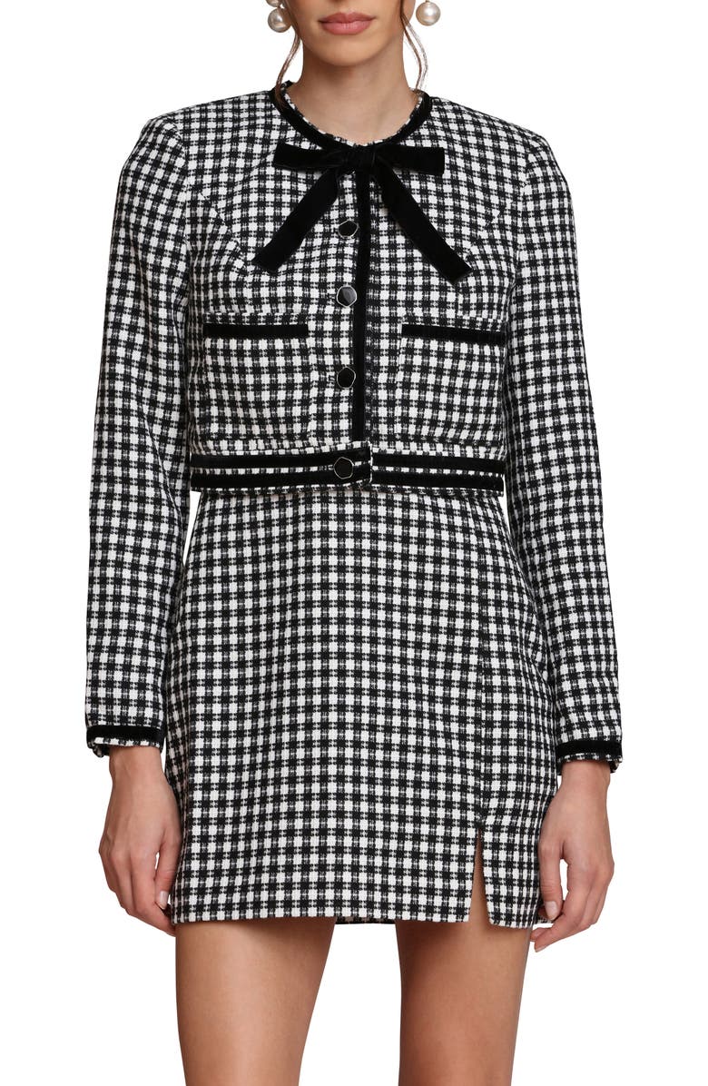 Avec Les Filles Tweed Bow Crop Jacket, Main, color, White-Black