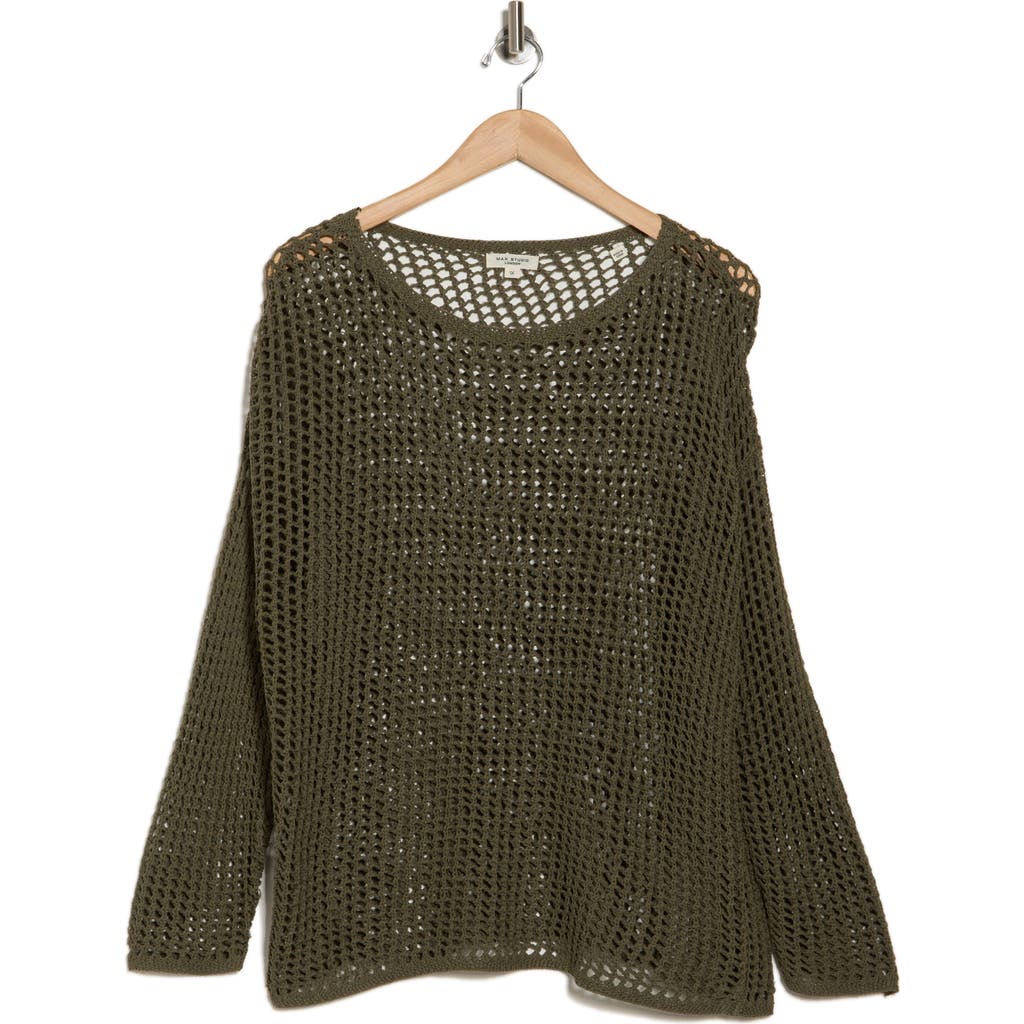 Max Studio Long Sleeve Mesh Open Knit Top In Army