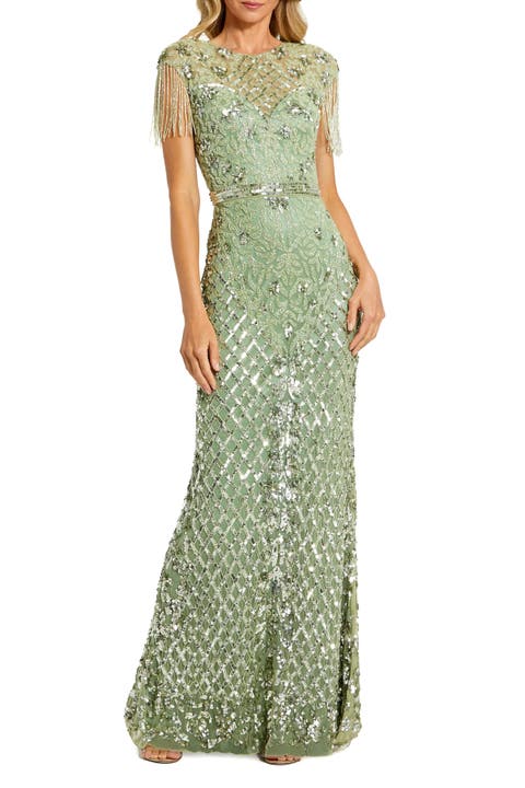 Petite Beaded Fringe High-Neck Fitted Evening Gown