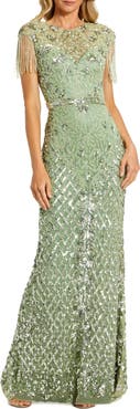 Mac Duggal Petite Beaded Fringe High-Neck Fitted Evening Gown