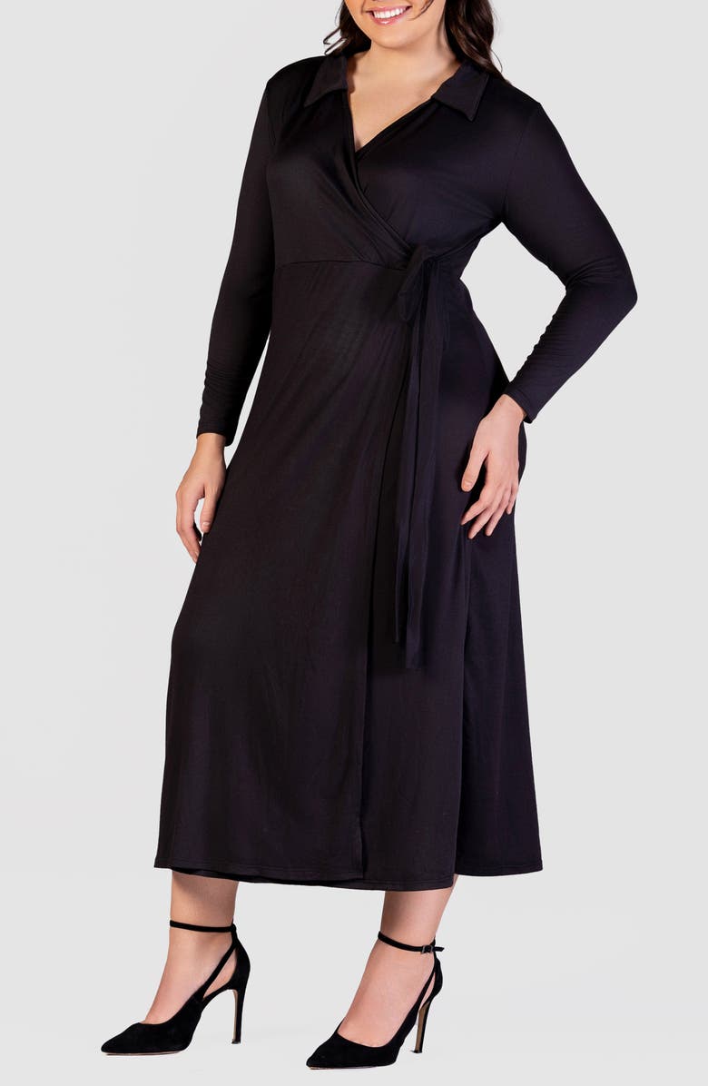 24seven Comfort Apparel Collared Long Sleeve Wrap Front Maxi Dress, Alternate, color, Black
